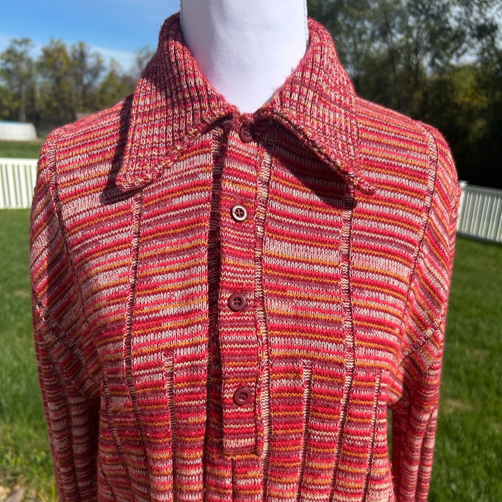 Vintage 70s Knit Red Rust Gold Space Dye Big Collar Henley Button Sweater Top S - Picture 2 of 6